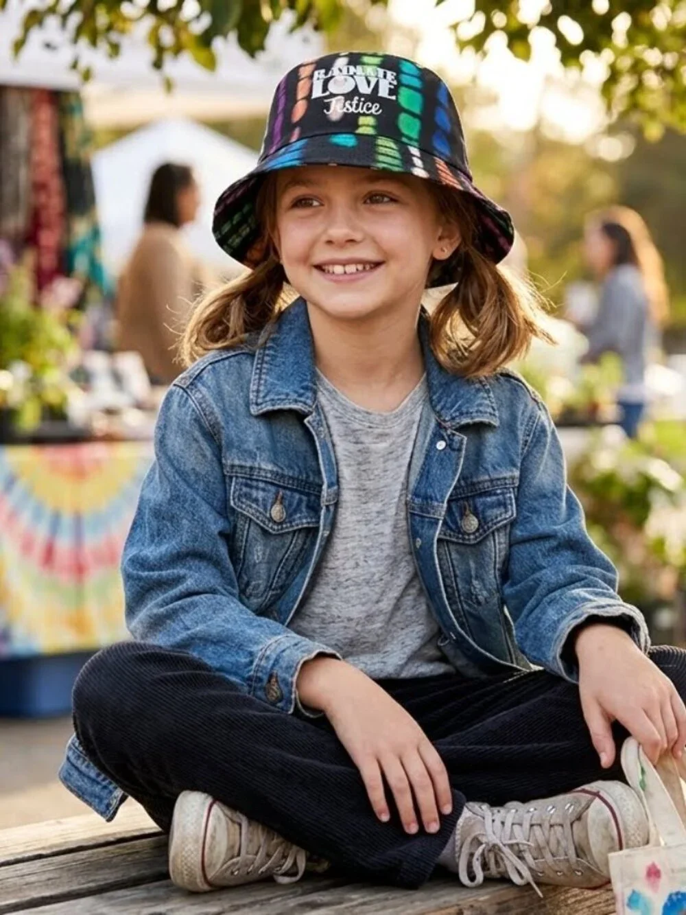 NWOT Justice Kids Girl's Black Tie-Dye Bucket Hat Radiate Love Graphic Party